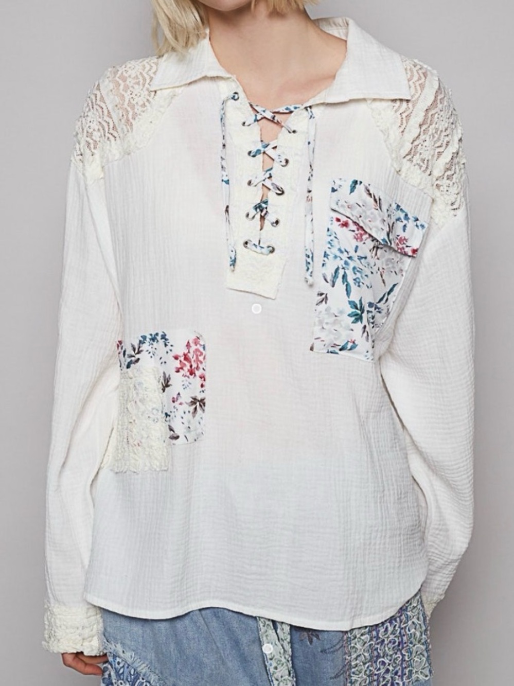 POL Ivory Lace-Up Patchwork Peasant Tunic